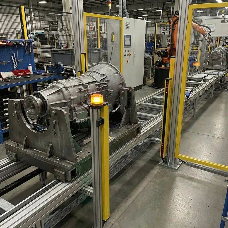 A large metal transmission component is mounted on a fixture along an automated assembly line in a factory setting, with robotic arms, control panels, and safety and insurance protocols visible in the background.