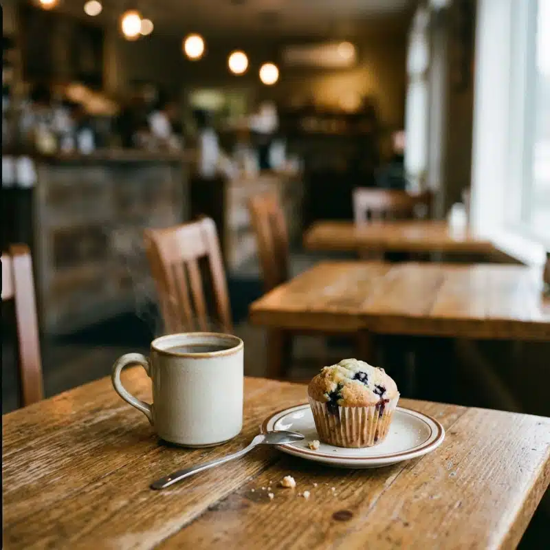 A ceramic mug of coffee and a blueberry muffin on a plate with a spoon rest on a wooden table in a cozy café, where conversations about life, travel, and even insurance unfold amid the warmth of wooden chairs.