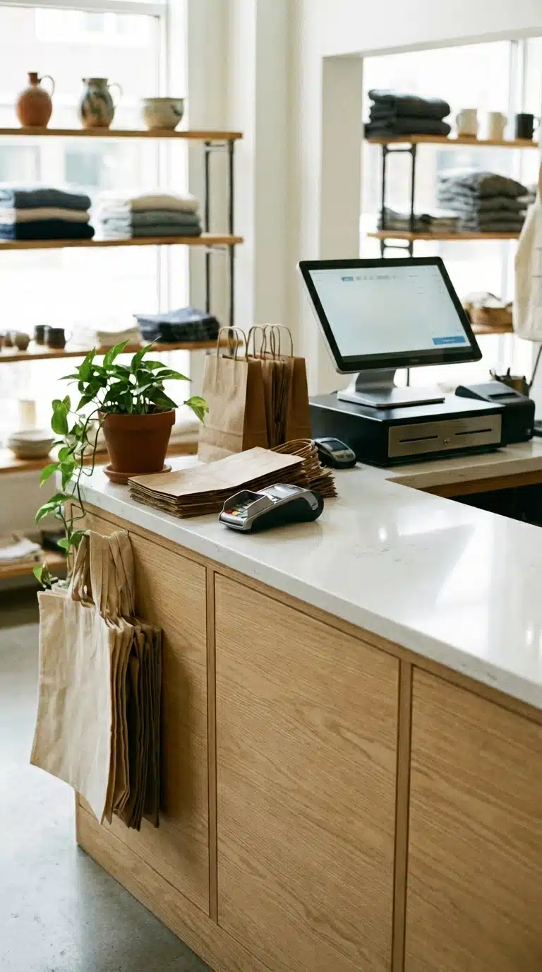 A retail shop counter with a cash register, potted plant, paper bags, and a card reader—plus discreet insurance brochures on display—with shelves of folded clothes and ceramic items in the background.