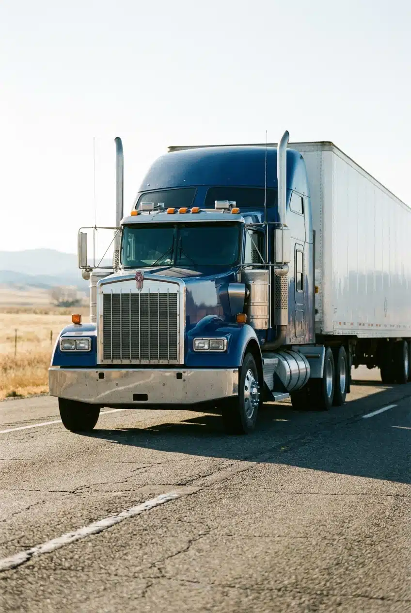 A blue semi-truck with a white trailer, covered by insurance, drives on a rural highway with mountains and dry grass in the background.