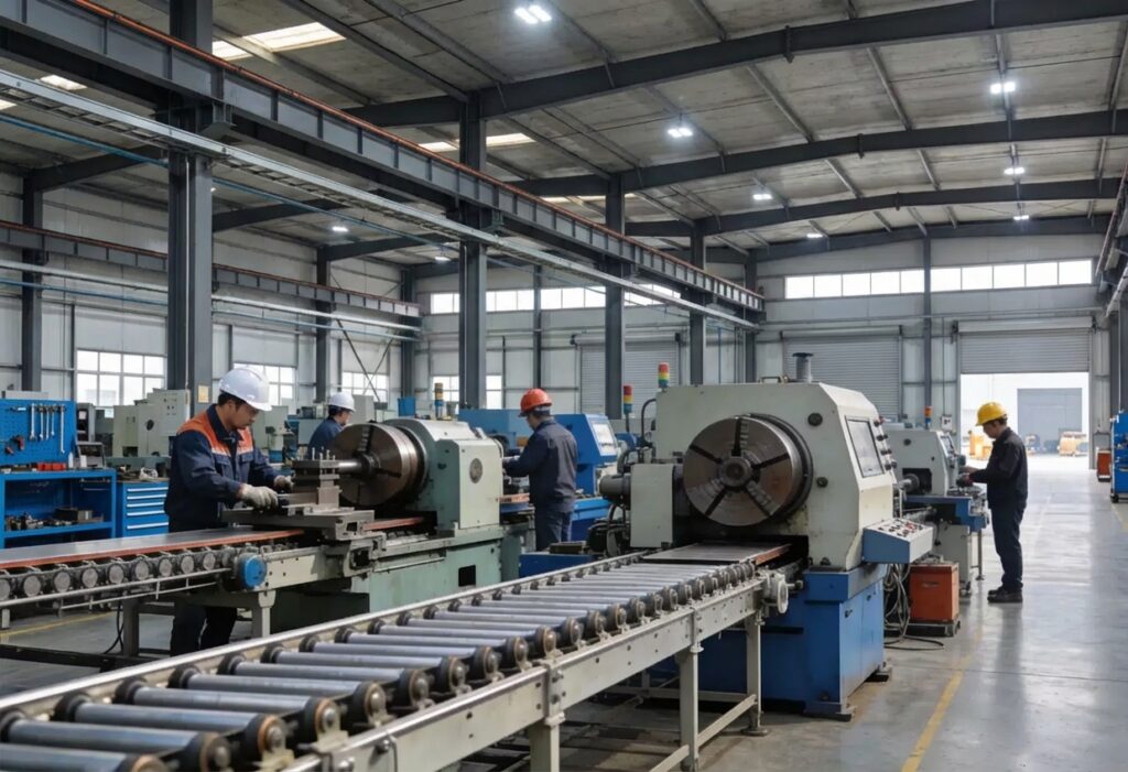Workers operate industrial machinery and conveyor belts outside a large factory building with metal siding and glass windows, following strict safety procedures as part of the company’s comprehensive insurance requirements.