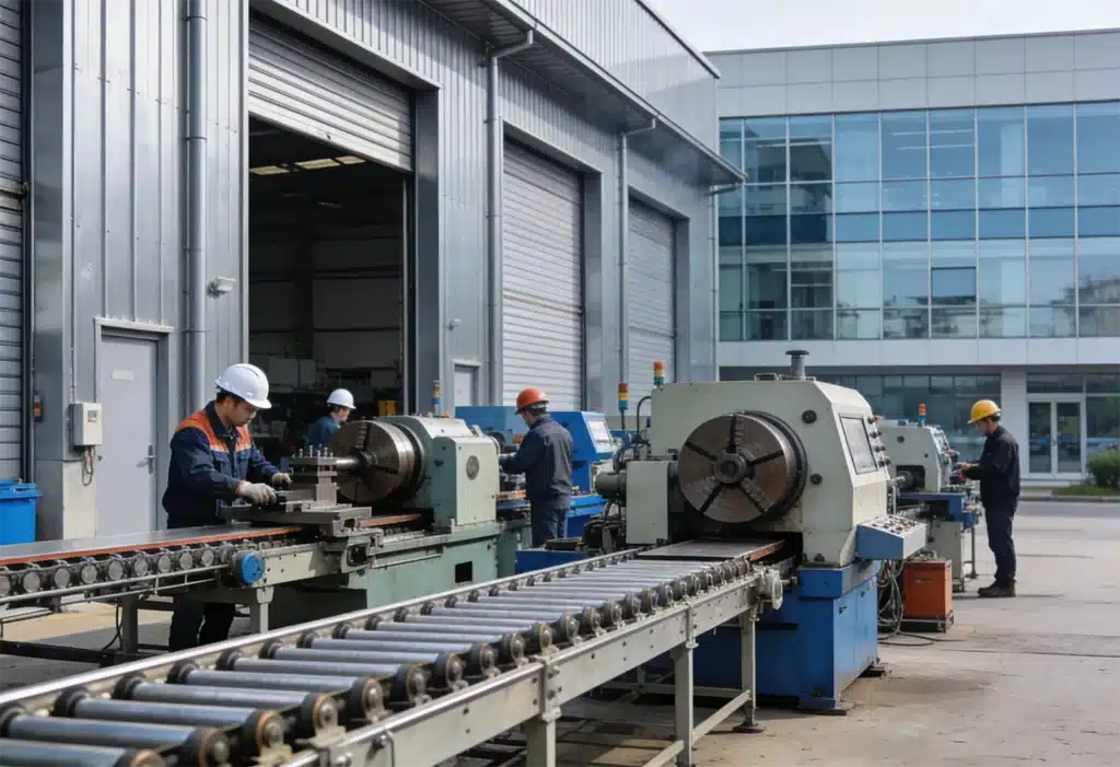 Workers operate industrial machinery and conveyor belts outside a large factory building with metal siding and glass windows, following strict safety procedures as part of the company’s comprehensive insurance requirements.