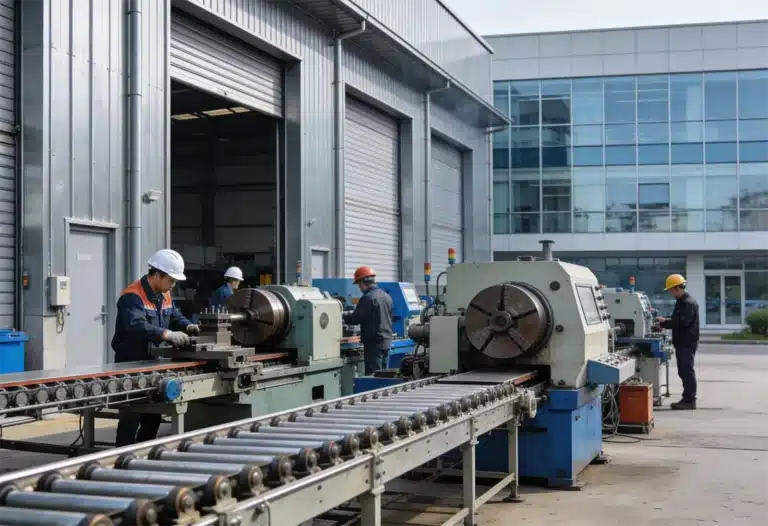 Workers operate industrial machinery and conveyor belts outside a large factory building with metal siding and glass windows, following strict safety procedures as part of the company’s comprehensive insurance requirements.