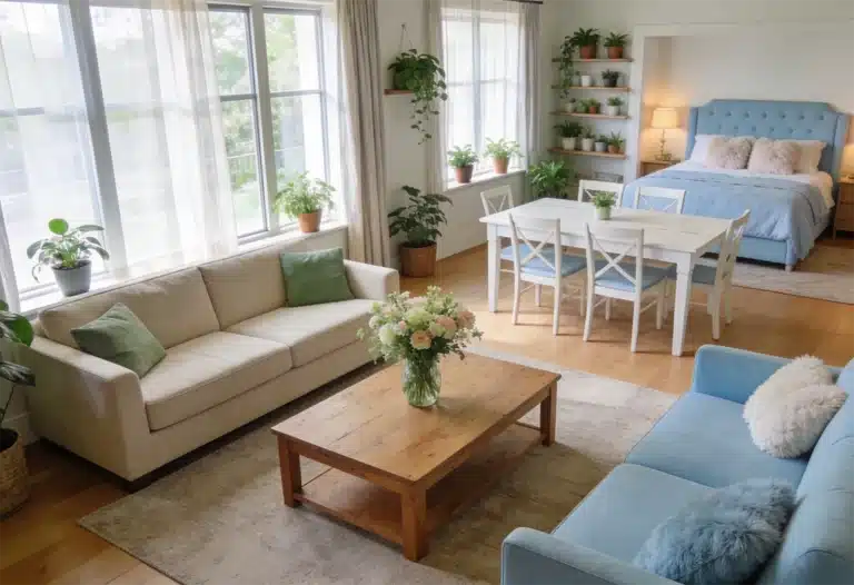 Open-plan living area with white and blue furniture, wooden floors, many potted plants, a dining table, and a bed—all well-lit by large windows with sheer curtains, creating a space that’s both inviting and perfect for insurance peace of mind.