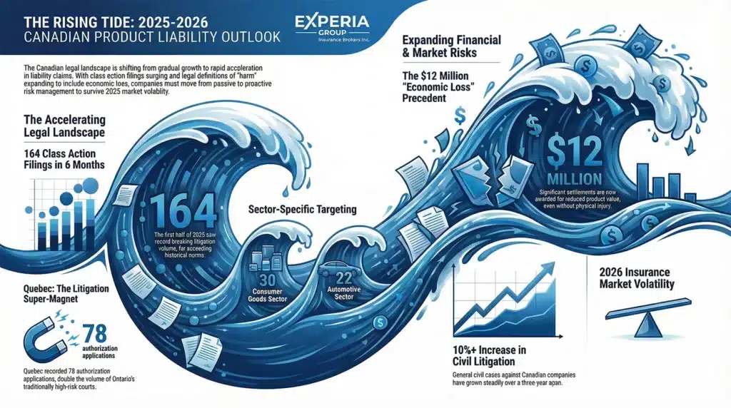 Infographic showing trends in Canadian product liability from 2025-2026, highlighting increases in class action filings, loss potential, insurance volatility, and market risks with wave imagery.